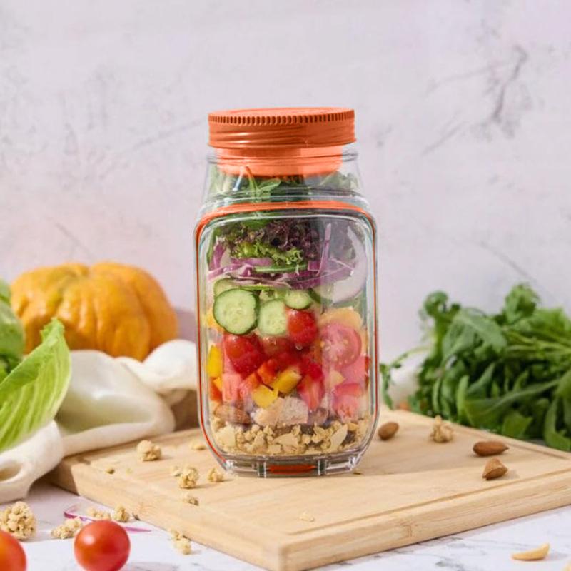 Salad Jar With Fork,Mason Jar Salad Container With Side Opening,Salad Container With Fork, Dressing Bowl, Sauce Compartments