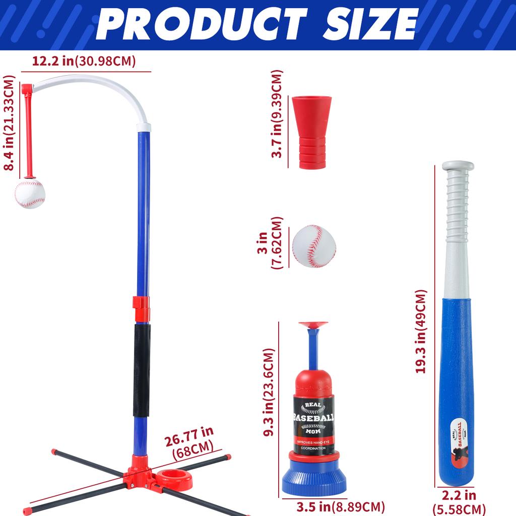 3-in-1 Kids Baseball Toy Set with Hanging Ball  Launcher Adjustable Height Toddler Baseball Set