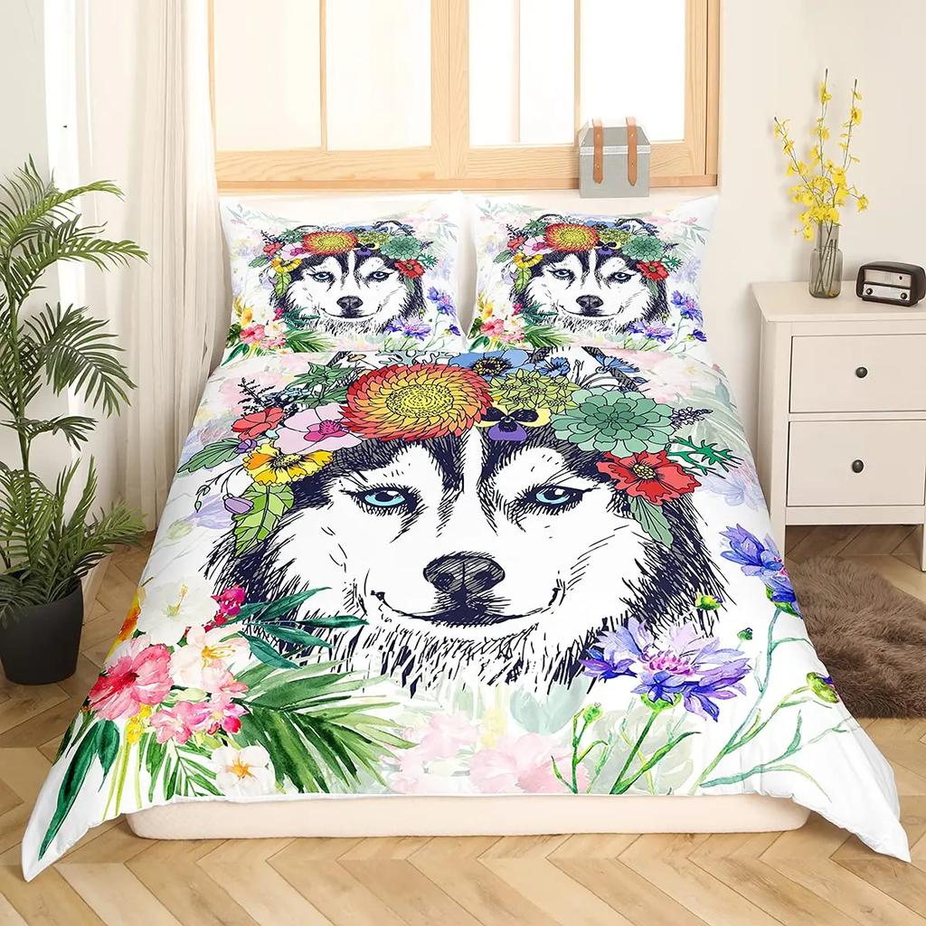 Watercolor Dog Bedding Set Cute Happy Colorful Puppy Duvet Cover Cartoon Bedding Decoration Queen for Women Children Girls Gift