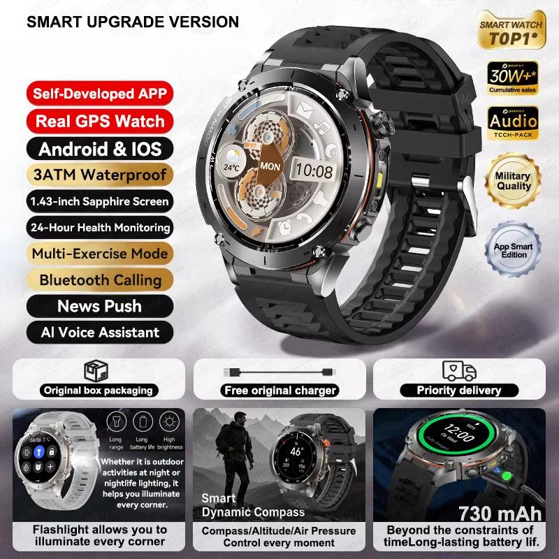 2025 New Outdoor GPS Smart Watch 1.43" AMOLED 10ATM Waterproof Bracelet Compass Sports Tracker BT Call Smartwatch Men For Xiaomi IOS