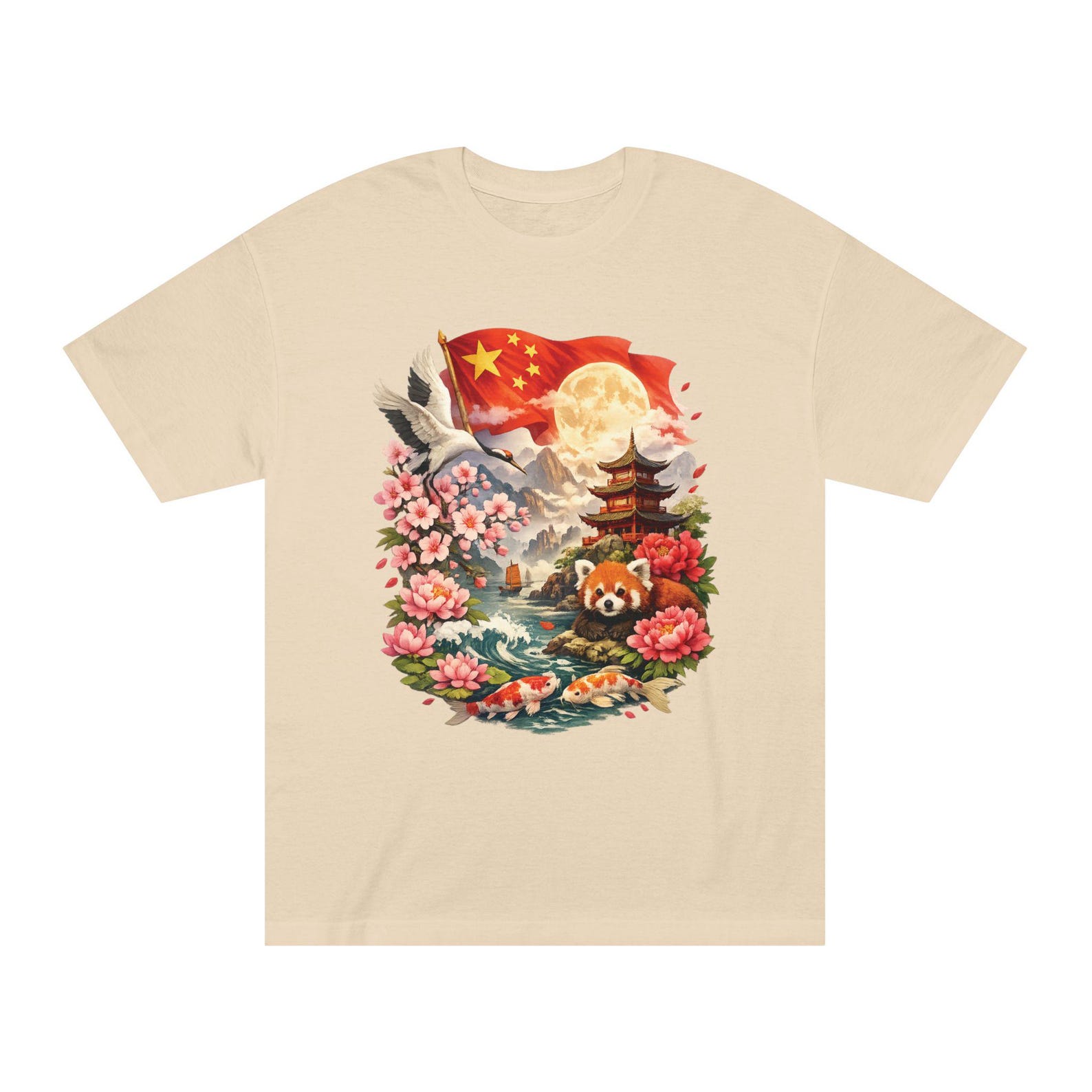 Chinese Illustration Tee | Red Panda, Pagoda, Cherry Blossoms L