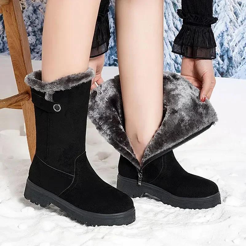 Elegant Ladies Shoes Large Size Warm Women's Snow Boots Medium Heels Designer Luxury Fashion Lamb 2024 Chic Plush Gyaru On Offer