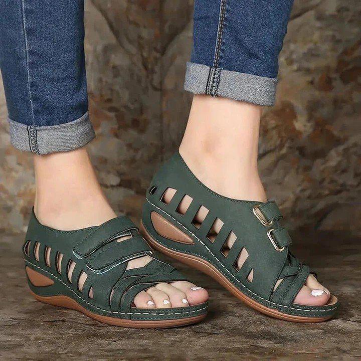 Foreign trade Roman sandals European and American new large size wedge heel fish mouth sandals women's hollow Velcro outer women's shoes