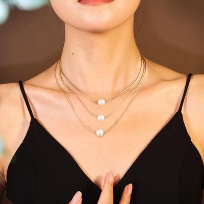 European and American Temperament Pearl Pendant Necklace, French Multi-layer Stacked Collarbone Chain Jewelry