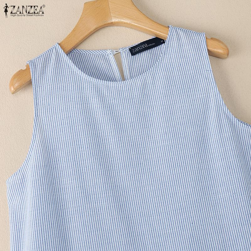 ZANZEA Women Round Neck Loose Casual Stripe Sleeveless Dress