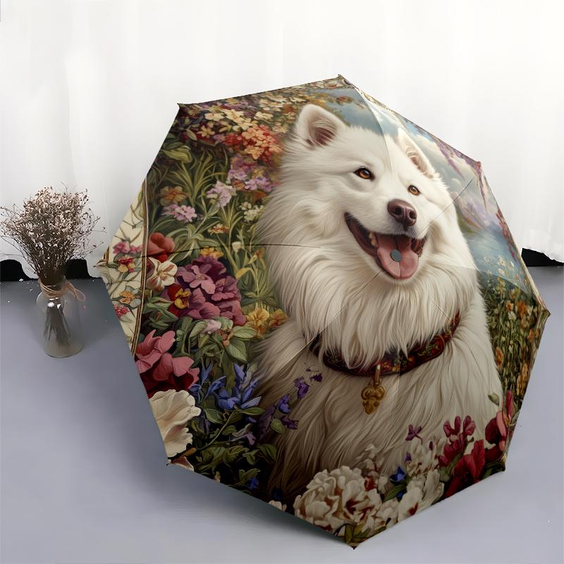 Samoyed and Plant Pattern, Automatic Folding Umbrella, Portable and Foldable Design, 8 Ribs, a Christmas or Birthday Gift.