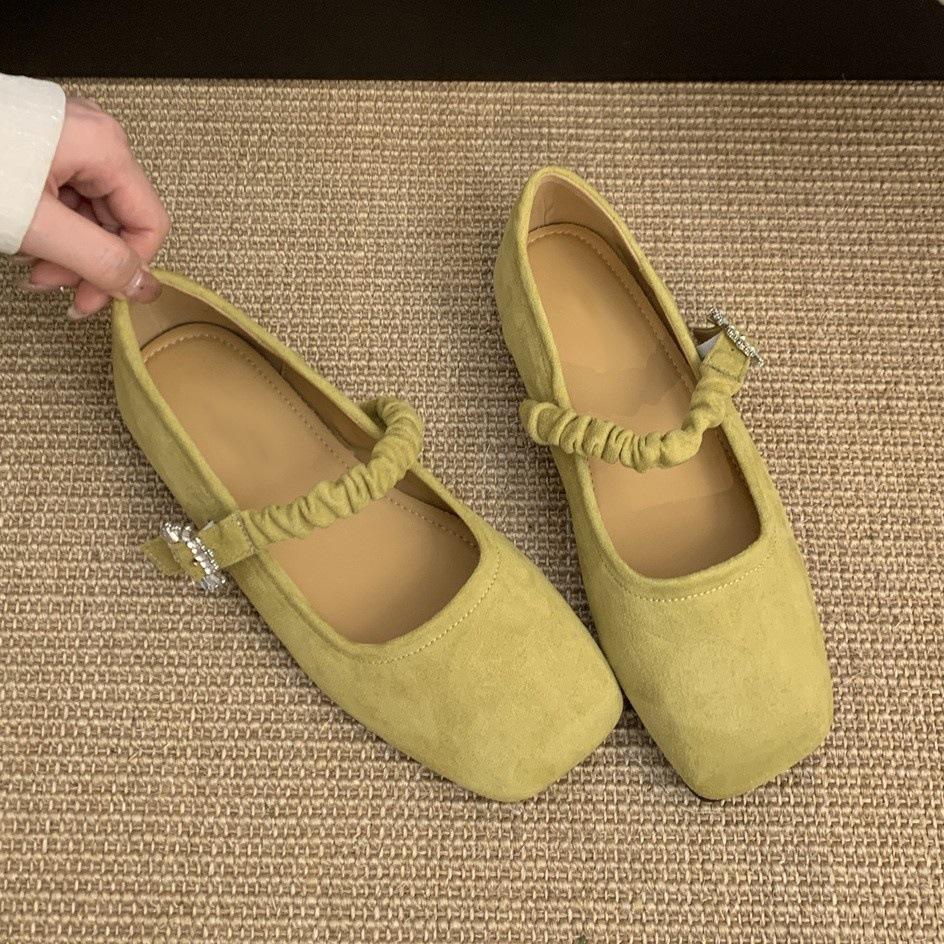 Retro Square Head Shallow Mouth Single Shoes Women's Spring New French Suede Gentle Fairy Soft Flat Mary Jane Shoes