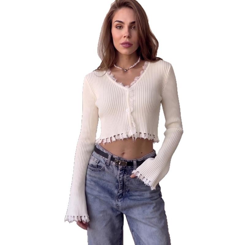 Women S Slim Fit V Neck Frayed Cropped Long Sleeve Knit Cardigan