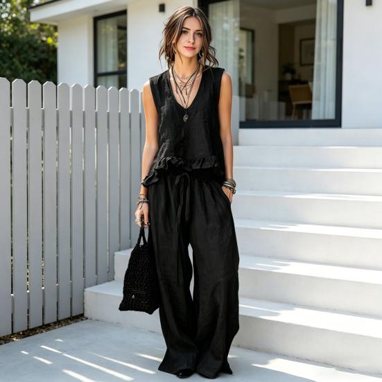 Summer Ruffle 2 Piece Sets for Women Sleeveless V Neck Tank Top And Wide Leg Pants Sets Casual Loose Loungewear Outfits