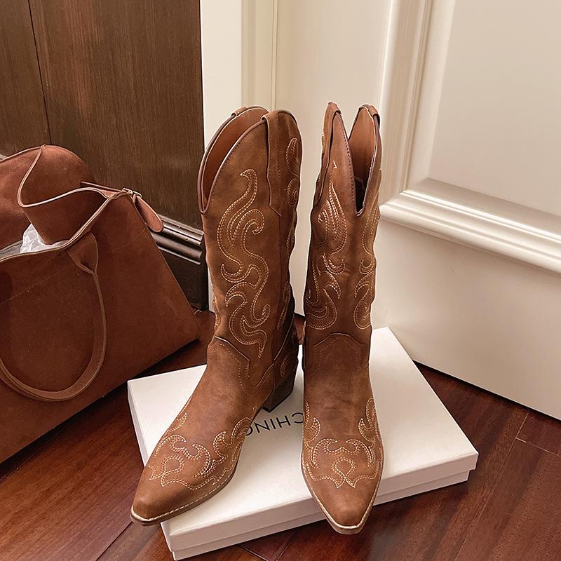 Boots retro square head boots western cowboy boots women's v-mouth embroidered knight boots boots boots new women's shoes