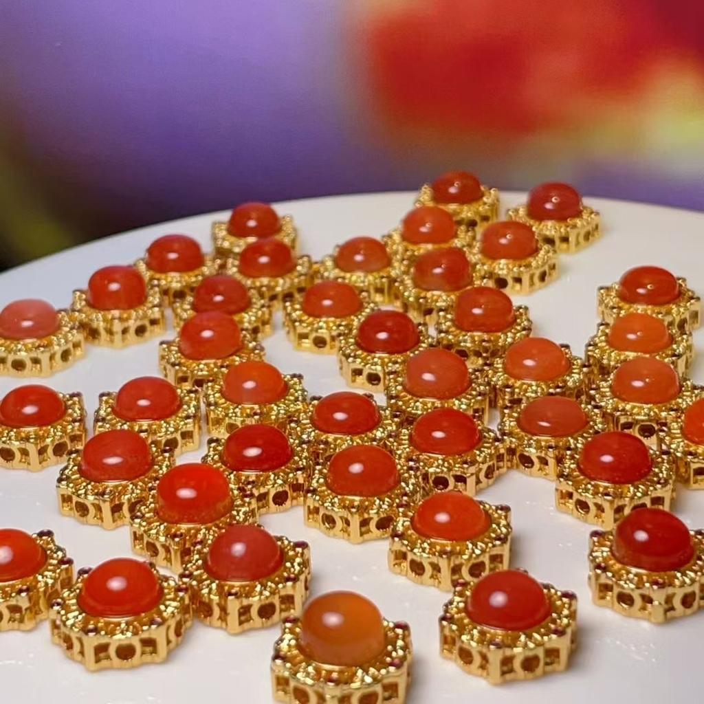 5Pcs, Natural Stone Beads Accented with Golden Trim, Boho Handcrafted Round Redstone Aquamarine Gemstone Beads for Jewelry Making DIY Crafts 12×12mm