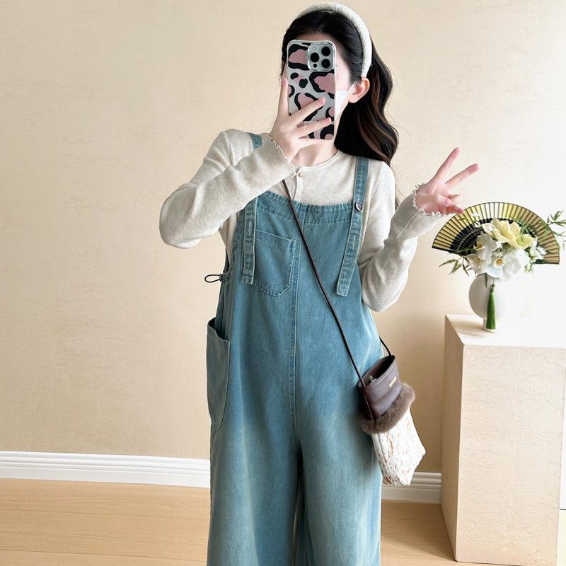 Spring 2026 Maternity Denim Overalls & Top Set - Stylish, Age-Defying, Plus Size, Loose Fit Extra Large