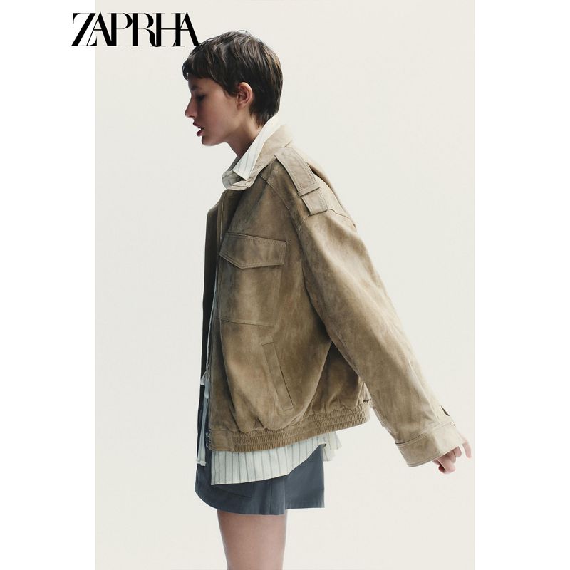 Zaprha 2025 Autumn New All-Match Suede Texture Shoulder Strap Long sleeve Leather Outerwear 4341770