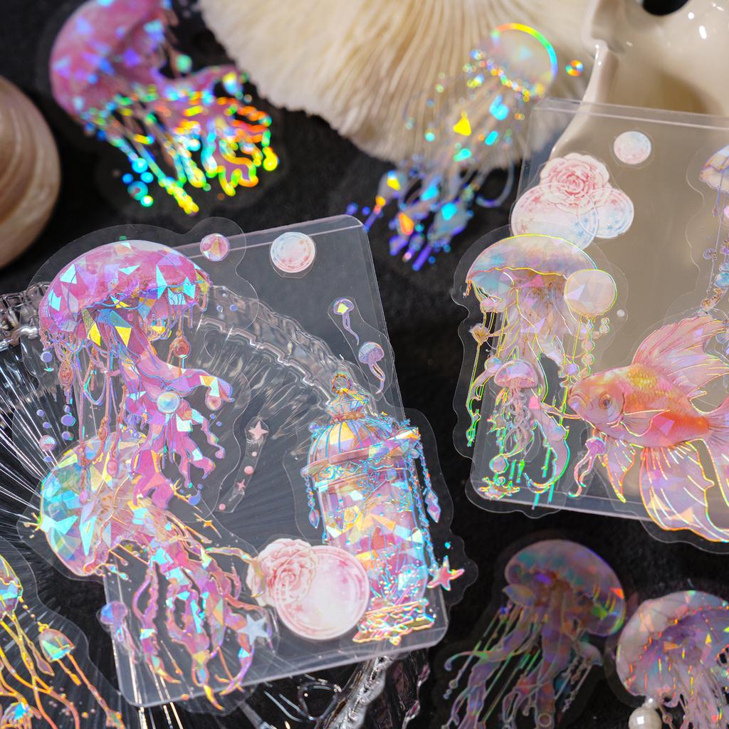 20pcs Laser Sticker Jellyfish Series Dreamlike Watercolor Ocean Handmade DIY Decorative Collage Material