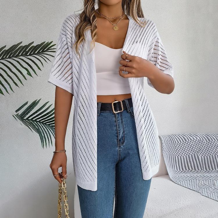 Women's Elegant V Neck Loose Knitted Cardigan Solid Check Sweater Tops for Spring Summer Fashion