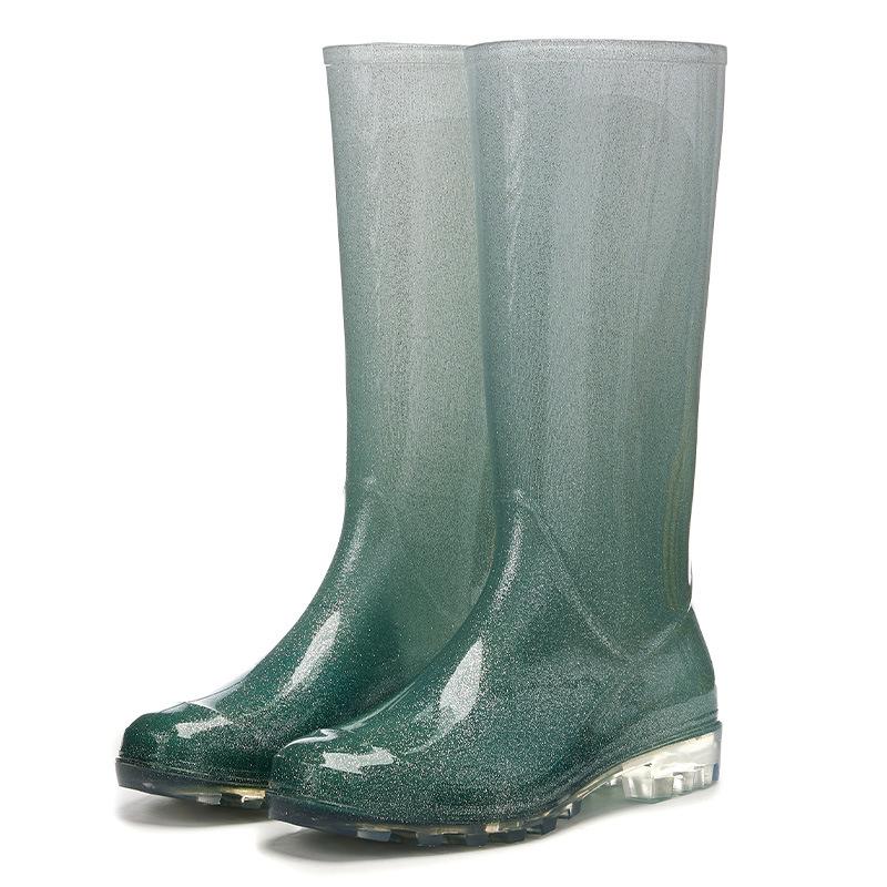 Rain Boots Women's Fashion Outer Wear Medium and High Tube Gradual Change Color Jelly Water Shoes Waterproof, Non-slip and Warm Ins Tide Rubber Shoes