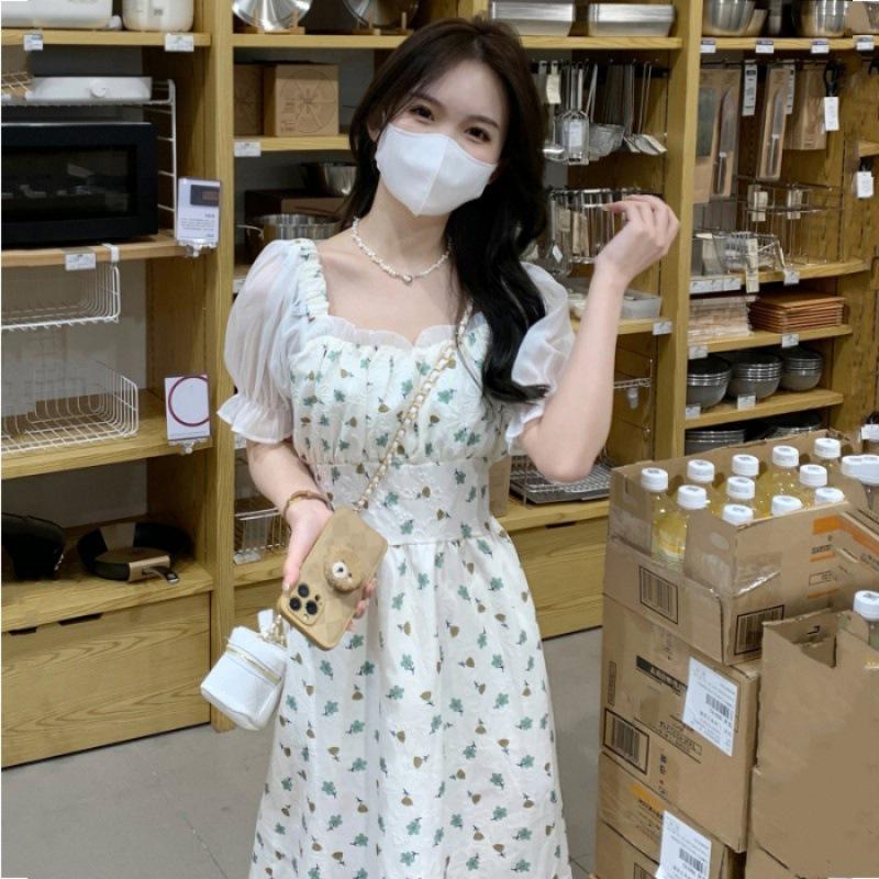 French Gentle Style Niche Design Puff Sleeve Floral Skirt for Women In Summer New Small Waist Dress