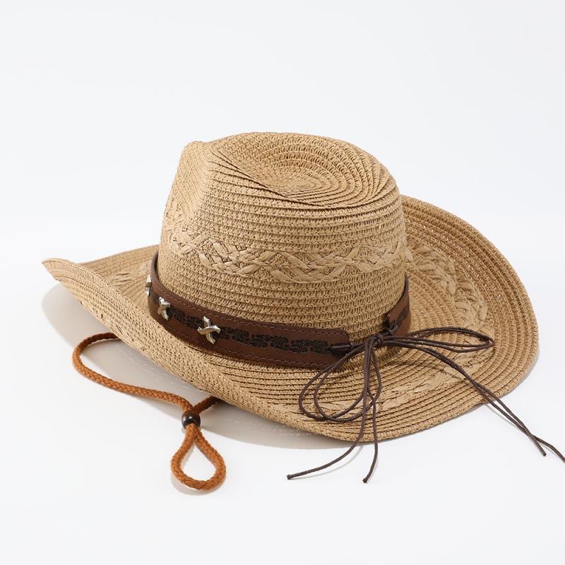 Summer fashion retro western style cow head belt buckle decorative straw hat men's personality Panama hat women's sun protection hat