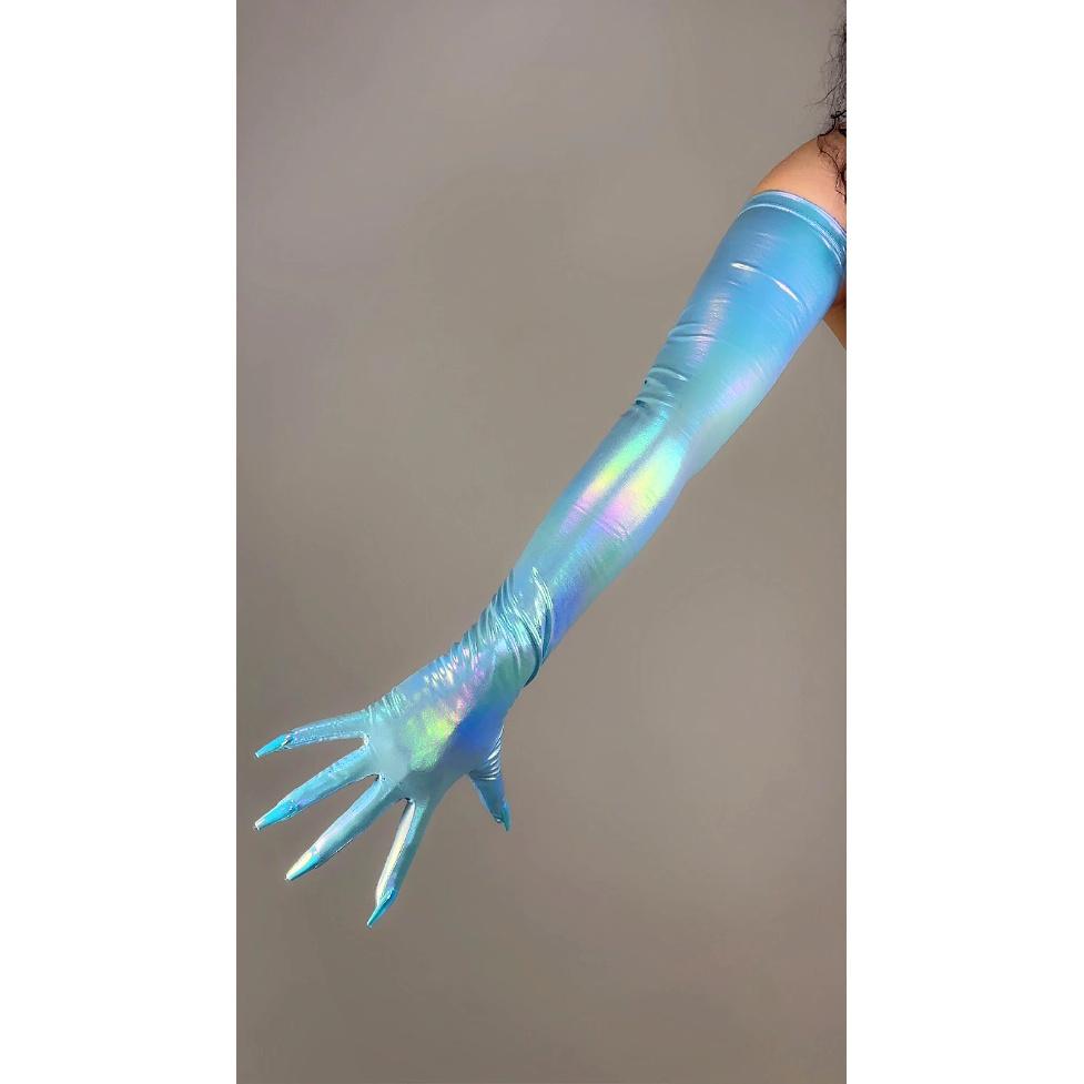 HOLOGRAPHIC Laser NAIL GLOVES Metallic Shiny Blue Touchscreen 70CM Long TECH Thin Elastic Holo Evening Party Glove with Nails