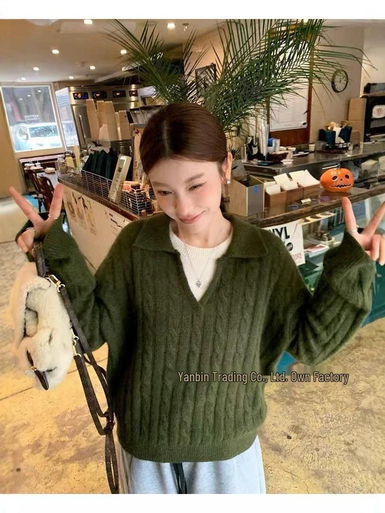 Women's Two-Piece Look Polo Collar Wool Sweater - Thick and Loose Knitwear for Autumn/Winter