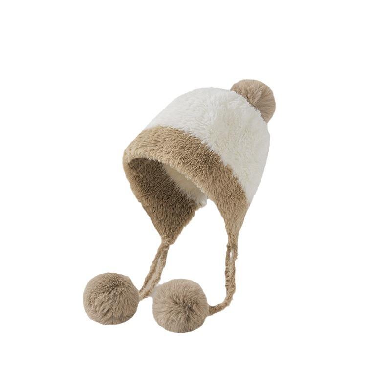 Women's Winter Cold-Resistant Hat Large Head Circumference Plush Pom-Pom Cute Earflap Ear-Covering Fleece-Lined Thickened Color-Block Knitted Hat