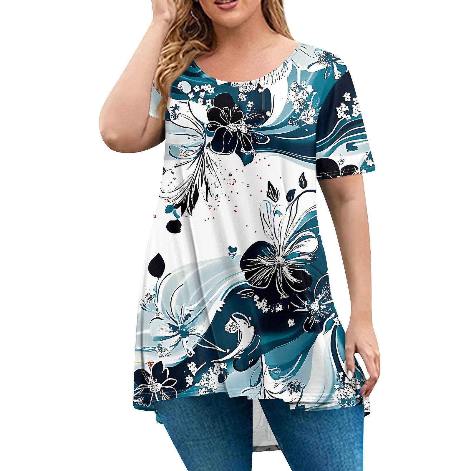 

Женская мода большого размера с круглым вырезом и коротким рукавом, повседневный свободный пуловер с принтом XXXXL тёмно-синий