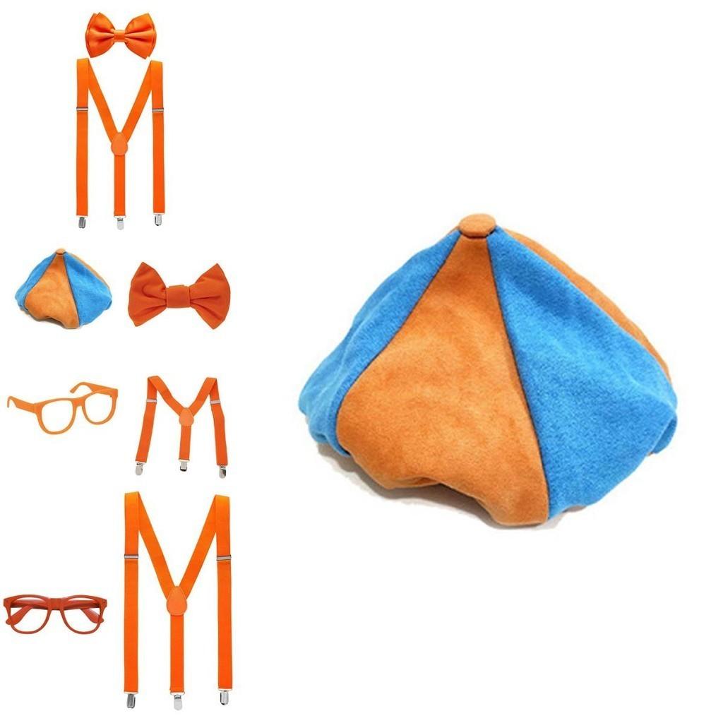 Disfraz de Blippi con tirantes ajustables de color naranja brillante y sombrero
