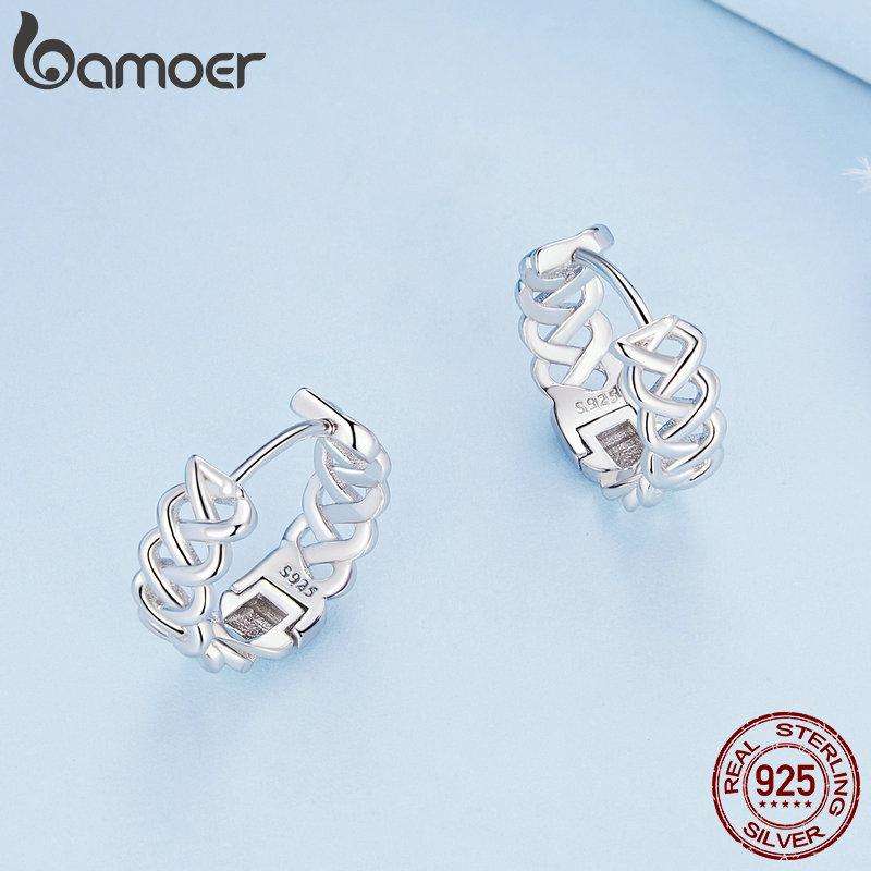Bamoer 925 Silver Hollowed-out Pattern Ear Buckles InterWeave Twisted Hoop Earrings for Women Fashion Fine Jewelry