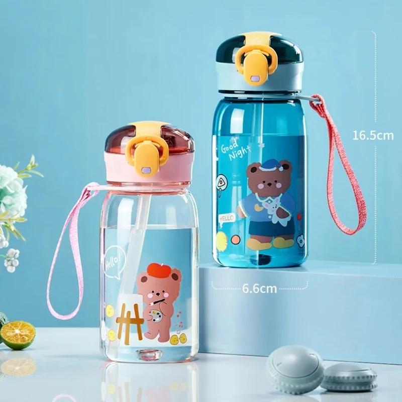 Cartoon teddy bear children's plastic cup, portable for school, outdoor, with rope, one click open cover, summer straw water cup