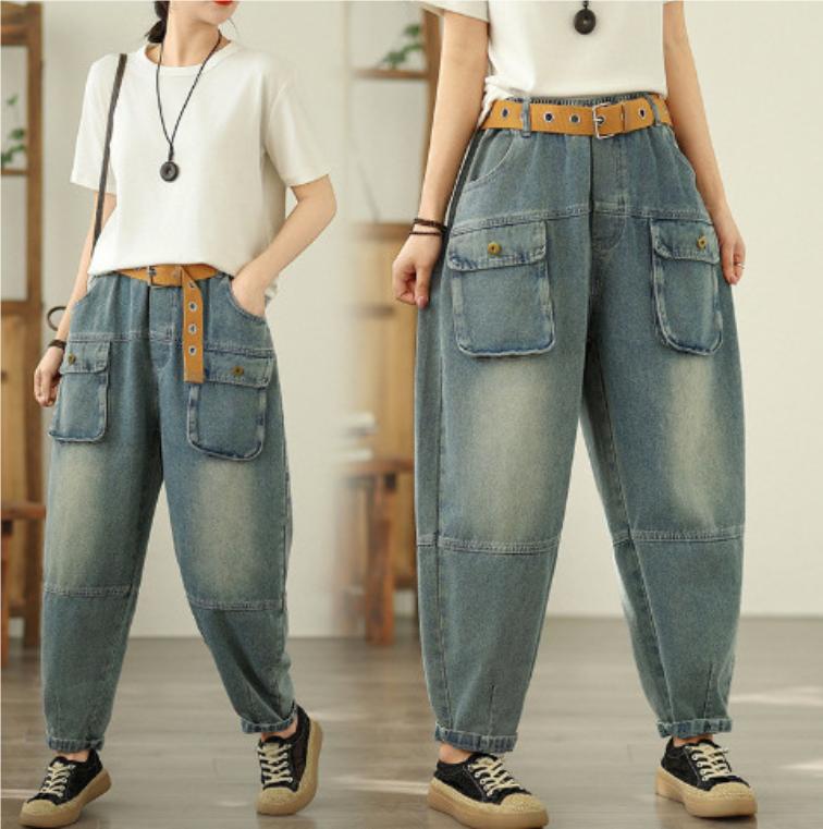 Frühling Herbst Mode Damen Vintage Denim Hose Damen Baumwollgefüttert Mehrere Taschen Knöchellang Jeans Lässige Haremshose