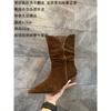 Cowhide version~ pointed head woven V-mouth western cowboy boots women's autumn and winter new thick heel one-pedal sleeve versatile short boots