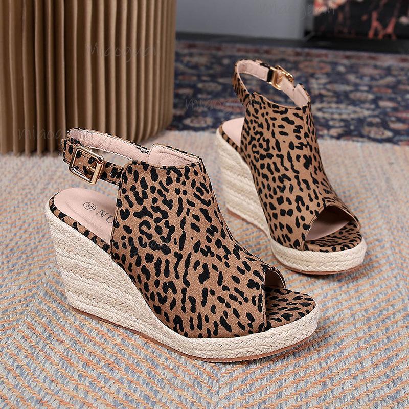 Sexy Leopard High Heel Sandals Women 2025 Summer Bohemia Buckle Chunky Platform WedgeSandals Beach Shoes Sandalias Mujer
