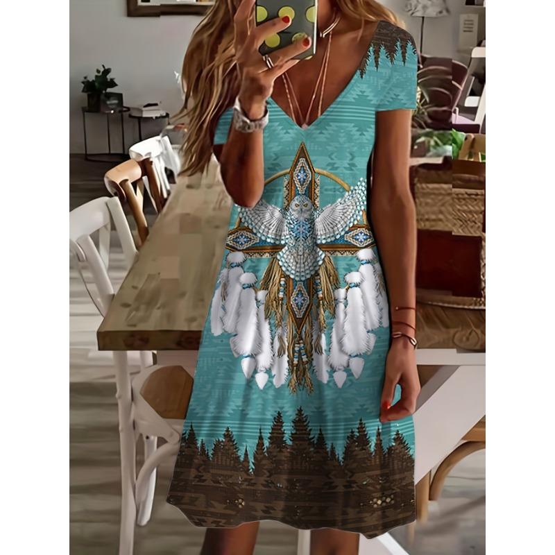 

Women s ethnic retro eagle pattern print short-sleeved dress Summer casual V-neck women s dress S