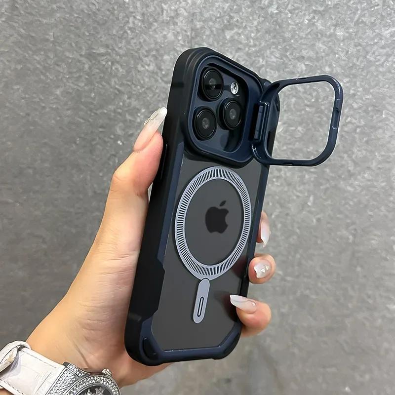 Armor Fold Lens Stand Protection Magsafe Case For iPhone 16 13 12 14 15 Pro Max Plus Magnetic Wireless Charging Shockproof Cover