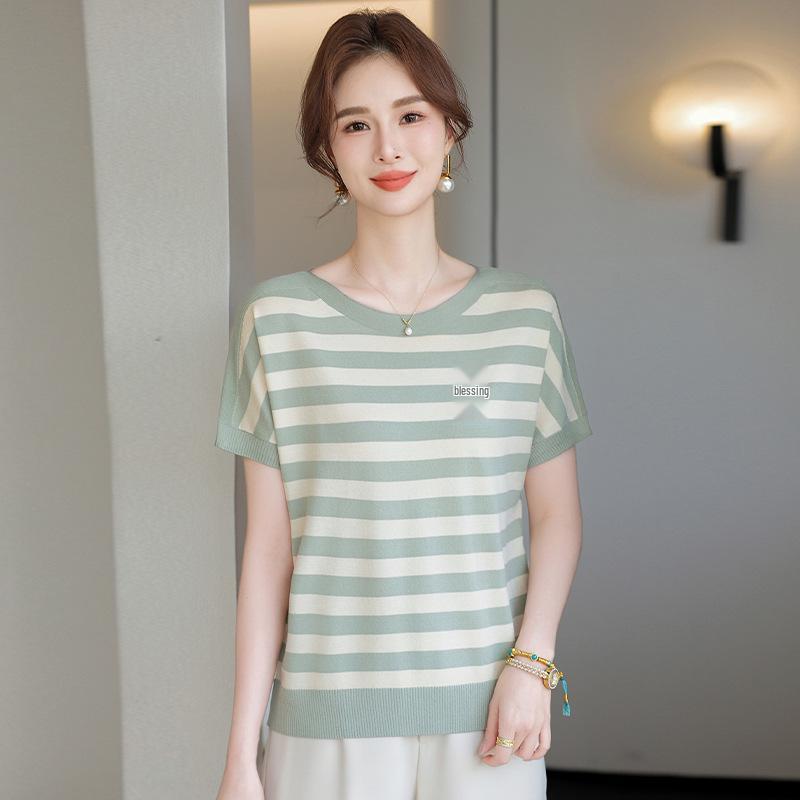 

Летний полосатый трикотажный топ с коротким рукавом для женщин - Молодящий, Свободный крой, Новая коллекция 2025 для женщин среднего возраста XXL зелёный