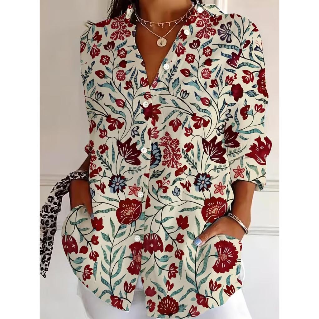 2026 New Women Autumn Blouse Multi Colored Print Lapel Button Up Womens Shirt Long Sleeve Elegant Daily Office Ladies Blouse Top