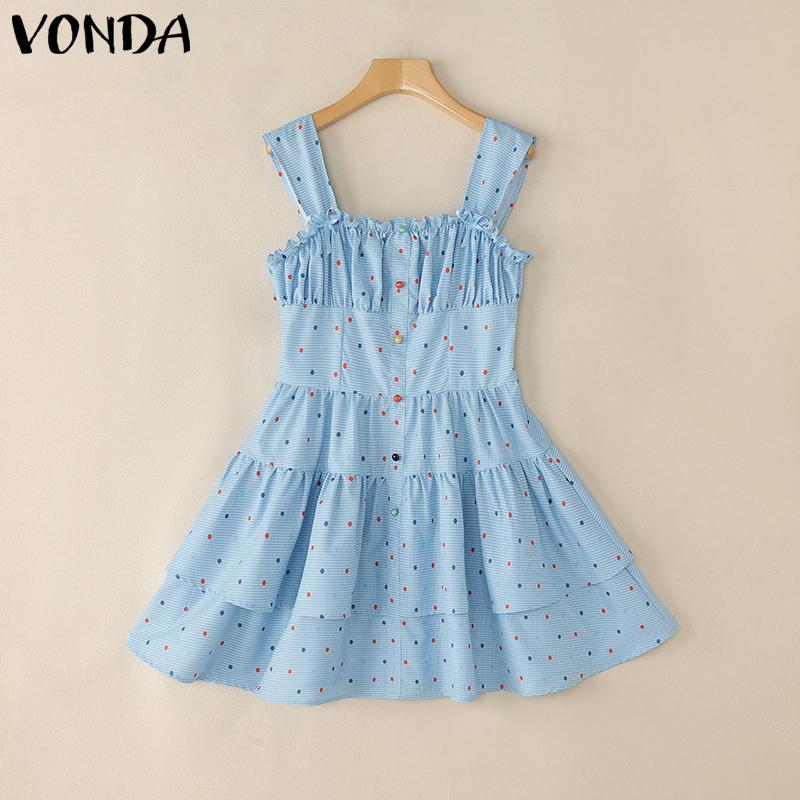 VONDA Rochie Mini Femei cu Bretele, Fără Mâneci, Imprimeu Buline, Casual, de Petrecere, Straturi, Plisată