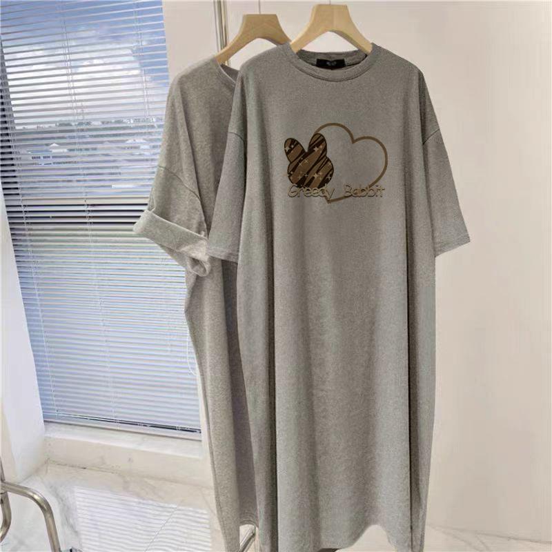 

Среднего и длинного до колена чистого хлопка серого цвета платье с короткими рукавами Женское летнее новое иностранное платье свободного кроя с разрезами по низу юбка-футболка L