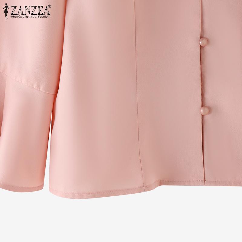 ZANZEA Damen Herbst Revers 3/4 Ärmel Patchwork Rüschen Hemden