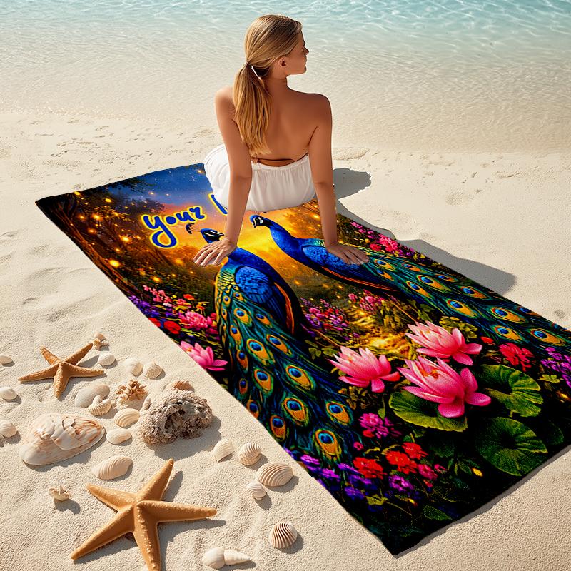 1PC Custom Name Peacock Garden Fantasy Beach Towel Highly Absorbent And Sand-Resistant Towel for Swimming, Pool, Yoga, And Travel Lightweight