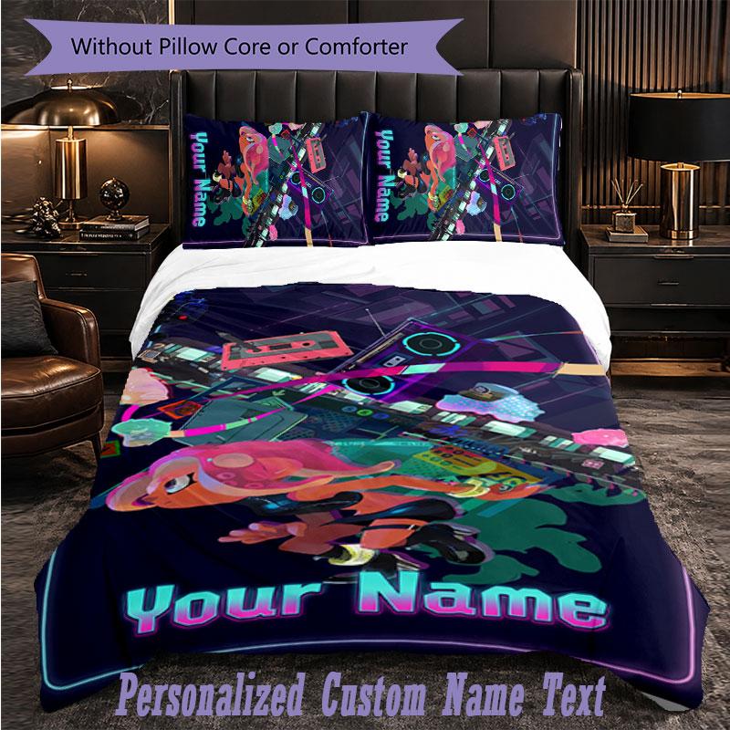 Personalized 3Pcs Bedding SetSplatoon Custom Text Duvet Cover Pillowcase Set Bedroom Gift