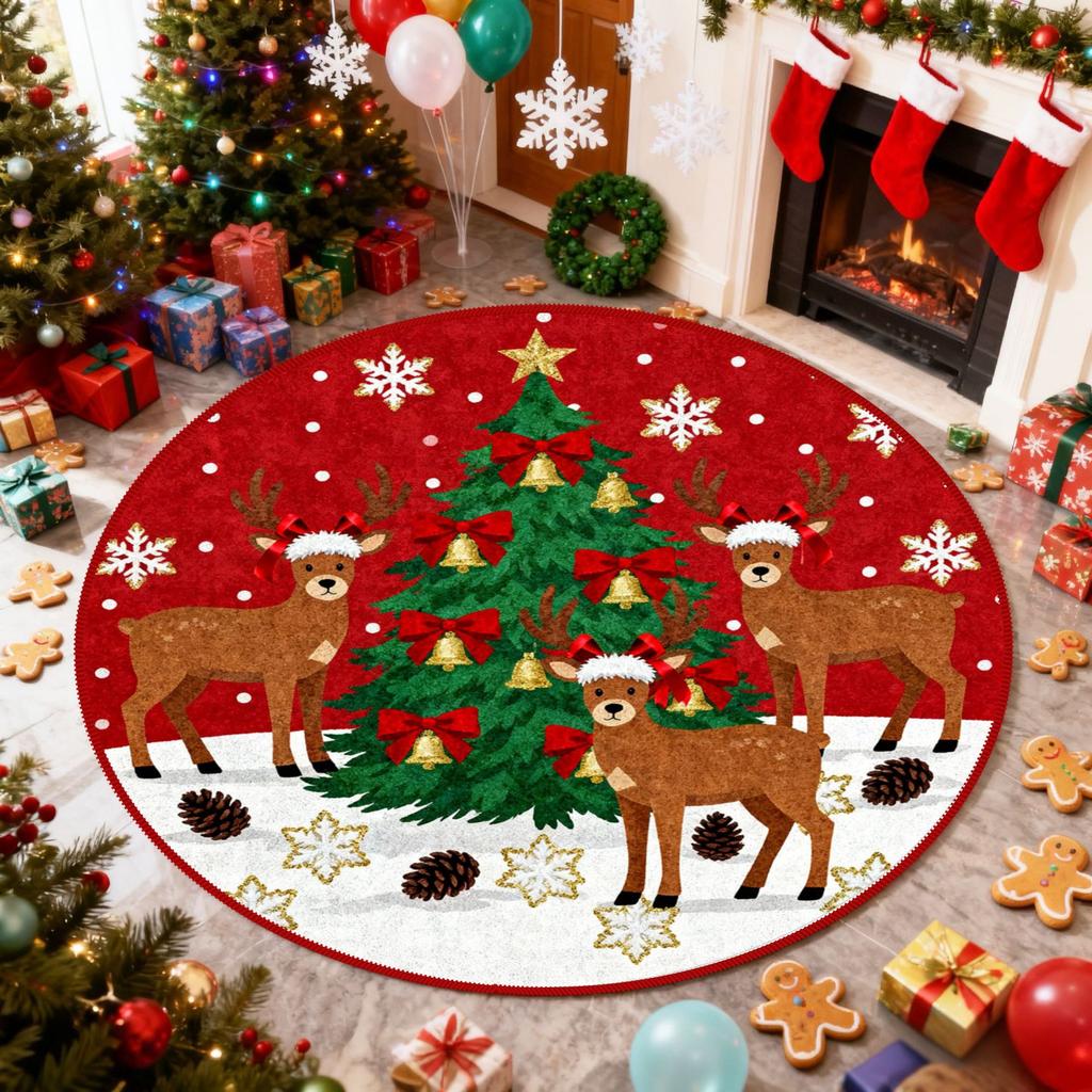 Christmas Tree Pattern Rugs for Bedroom Round Living Room Decoration Red Carpet Soft Study Floor Mat Washable Home Anti-slip Rug