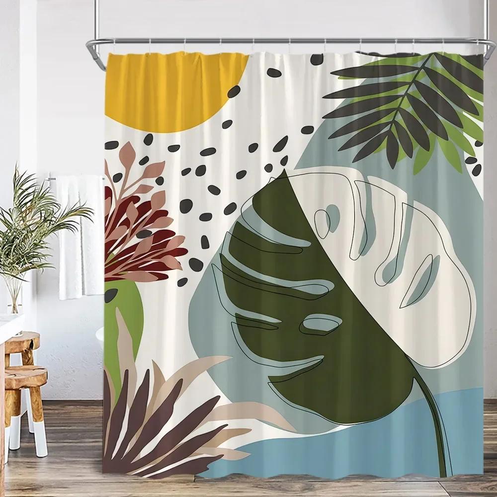 Vintage Abstract Shower Curtain Green Leaf Geometric Nordic Modern Bathtub Decorative Simple Polyester Shower Curtain with Hook