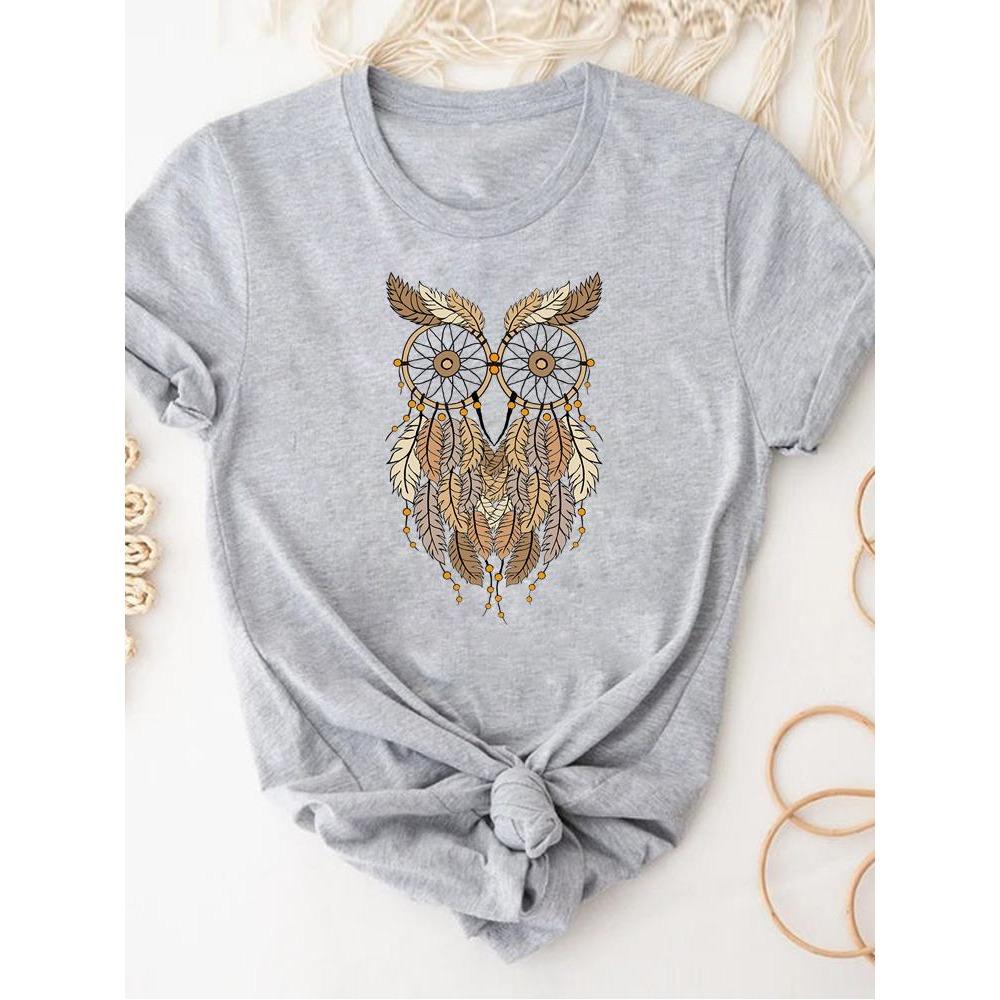 Print T Shirt Short Sleeve Summer Clothes Women Clothing Gray Owl Love Style Trend Cute Basic Tee Top Fashion Graphic T-shirt