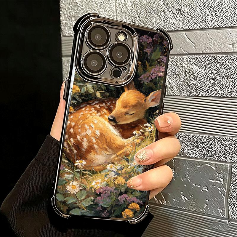 Sika Deer Elk Animal Plating Phone Case For Iphone 16 17 Pro Max Air 16E 14 15 Plus 12 13 Mini Anti-Fall Airabag Cover