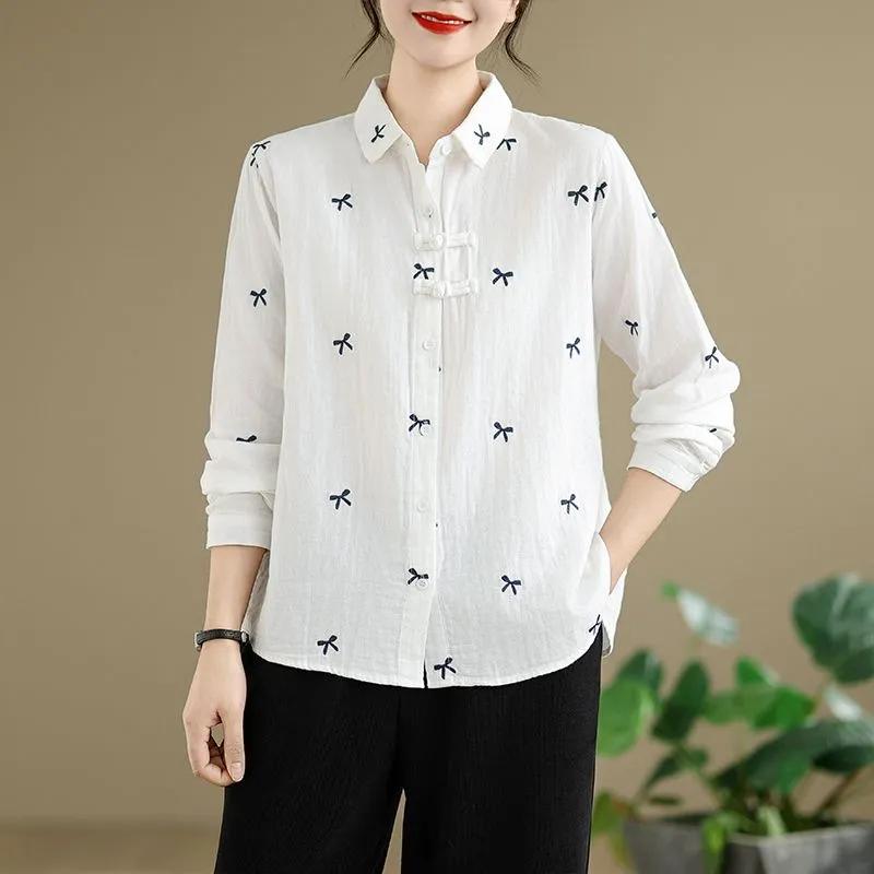 

Весенне-осенняя хлопковая рубашка с длинным рукавом на пуговицах с лацканами для женщин, блузка с вышивкой в китайском стиле для женщин S белый