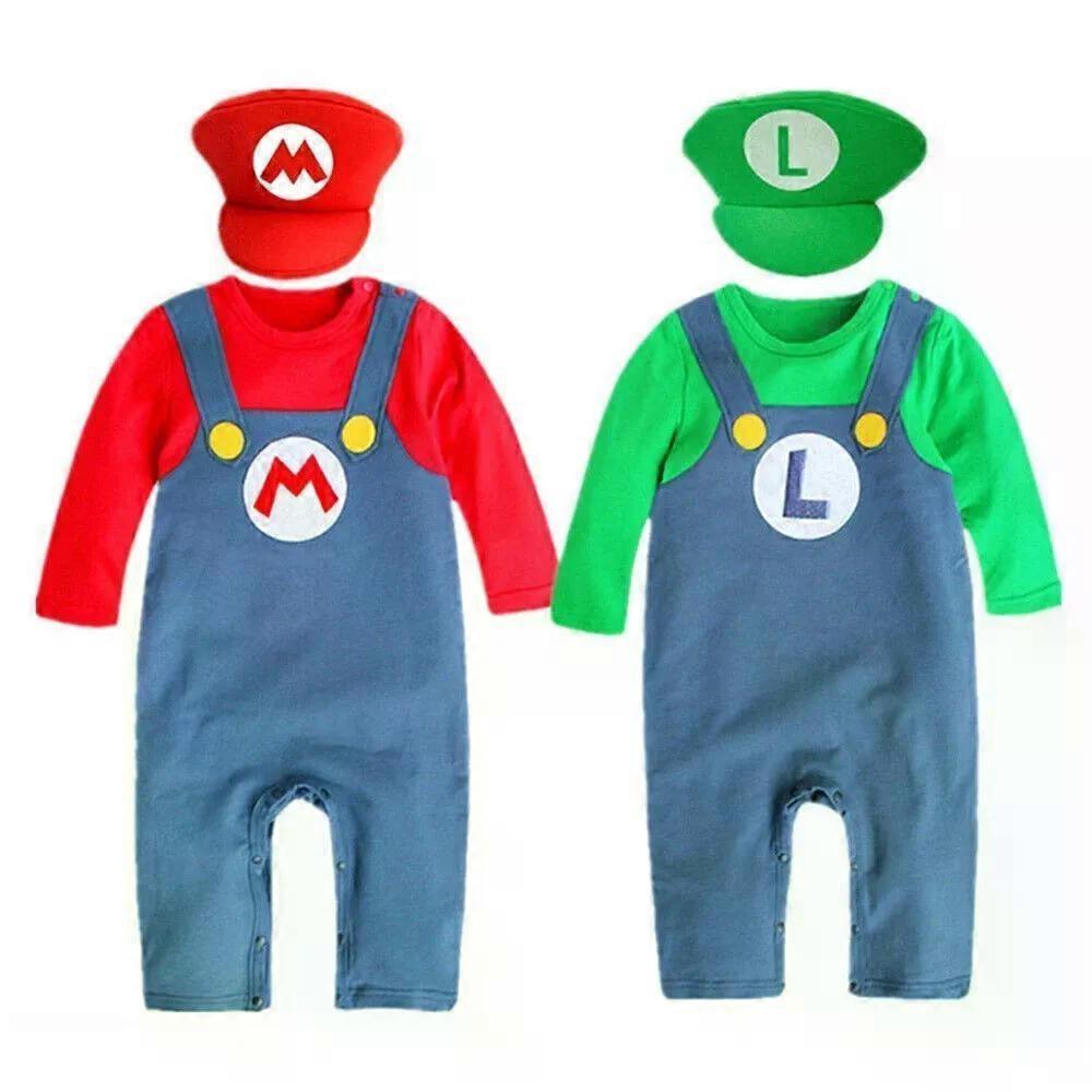 Super Mario Luigi Cosplay Romper Jumpsuit Hat Set Birthday CostumeA