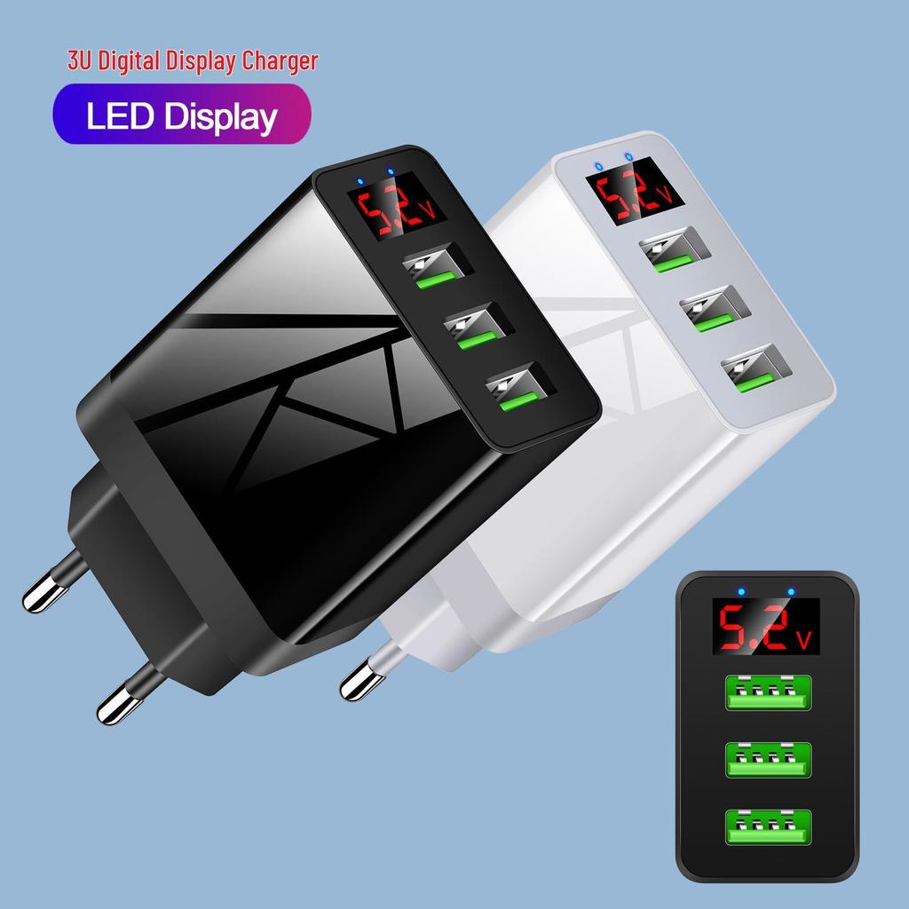 3-Port USB Display Screen Wall Charger, 5V/3A US Standard, Multi-Functional Travel Phone Plug