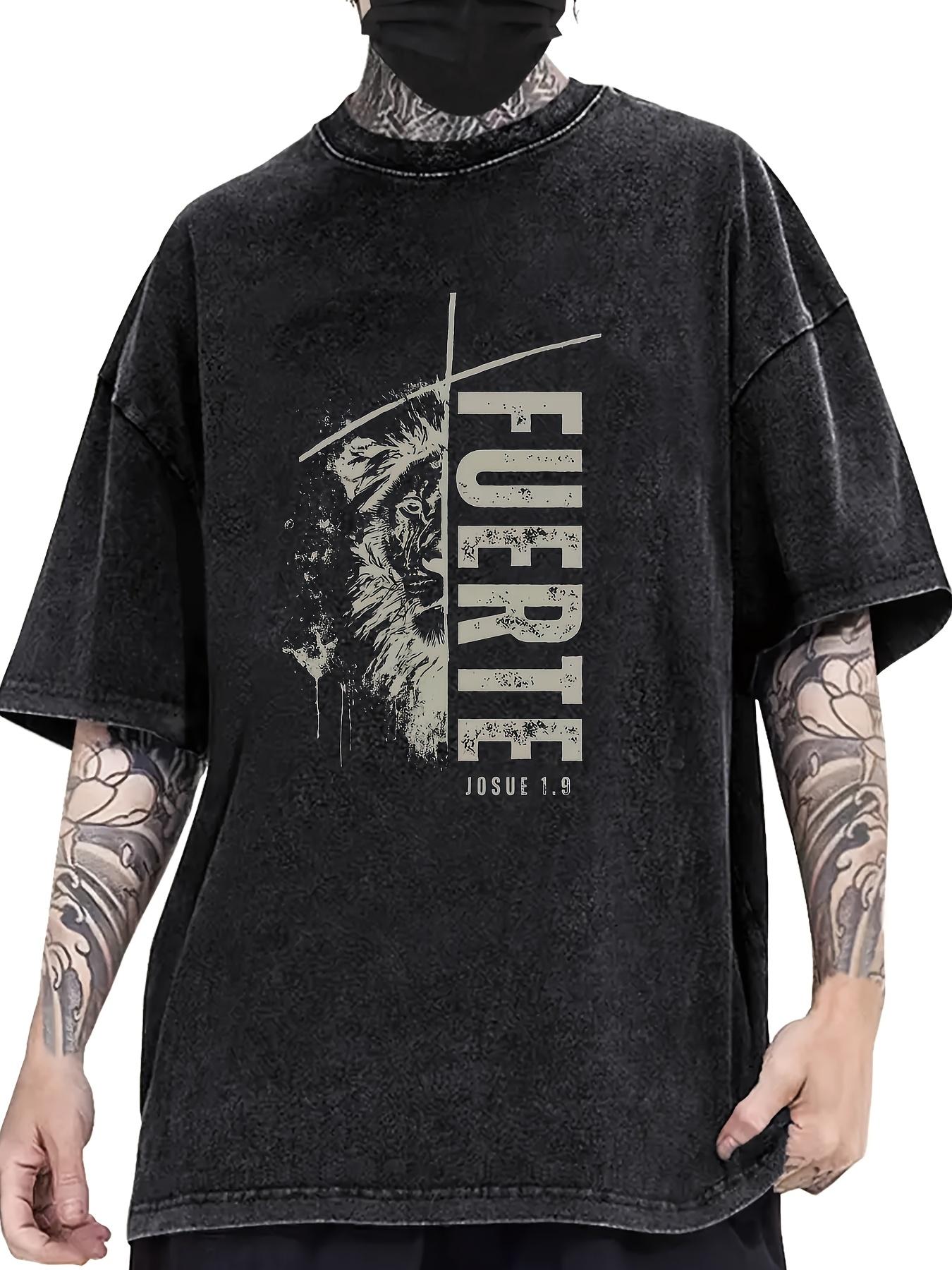 

Washed Mens Cotton T Shirt Comfortable Fabric Lion Shaped Letter Pattern Print Versatile Item Suitable Daily Casual Wear S