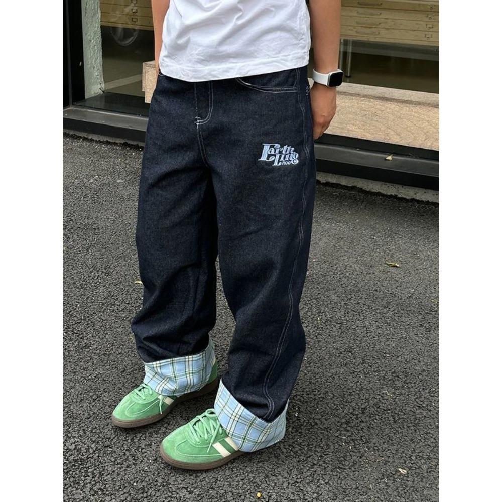 RogueWave Amerikansk Retro Rutig Patchwork Rullad Kant Damjeans High Street Harajuku Lös Vid Ben Raka Ben Herr- och Dambyxor